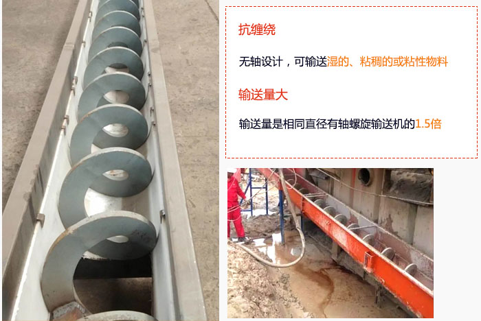 WLS無軸螺旋輸送機輸送量大是相同直徑有軸螺旋輸送機的1.5倍，抗纏繞性好，無軸設計，可輸送濕的、粘稠的或粘性物料。